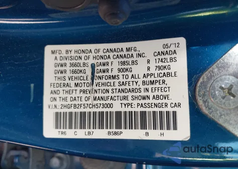 2012 Honda Civic Lx z USA, uszkodzony, nr VIN 2HGFB2F57CH573000